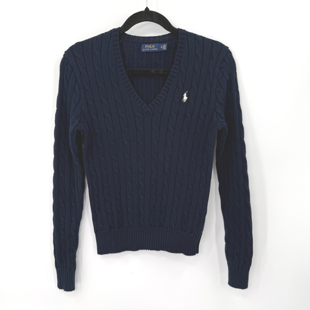 Polo Ralph Lauren Cable Knit Sweater Women M Navy Blue Preppy Old Money‎ Cotton